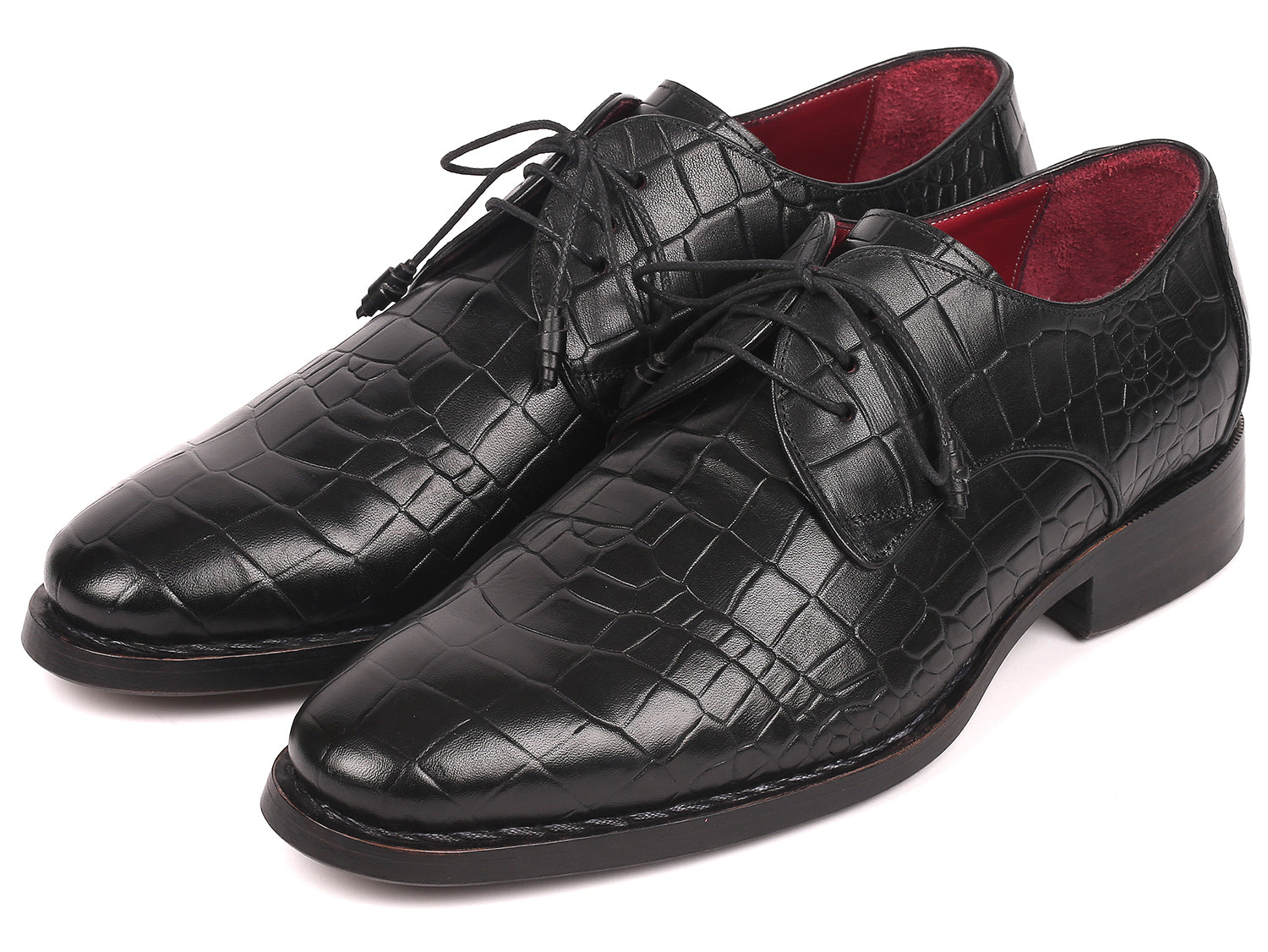 Paul Parkman Black Crocodile Embossed Calfskin Derby shoes showcasing luxurious hand-painted finish and Goodyear welted construction.